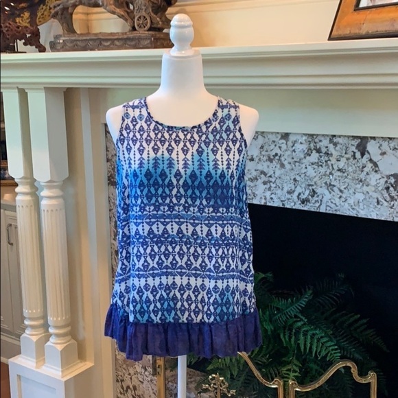 BLL‎ Blue Geometric Print Top w/Bottom Ruffle & Split Hem Detail S - Picture 5 of 10